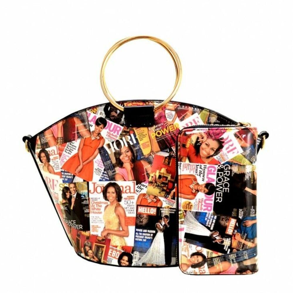 Glossy Magazine Cover Collage 2-in-1 Handbag Satchel  Wallet Set Michelle Obama
